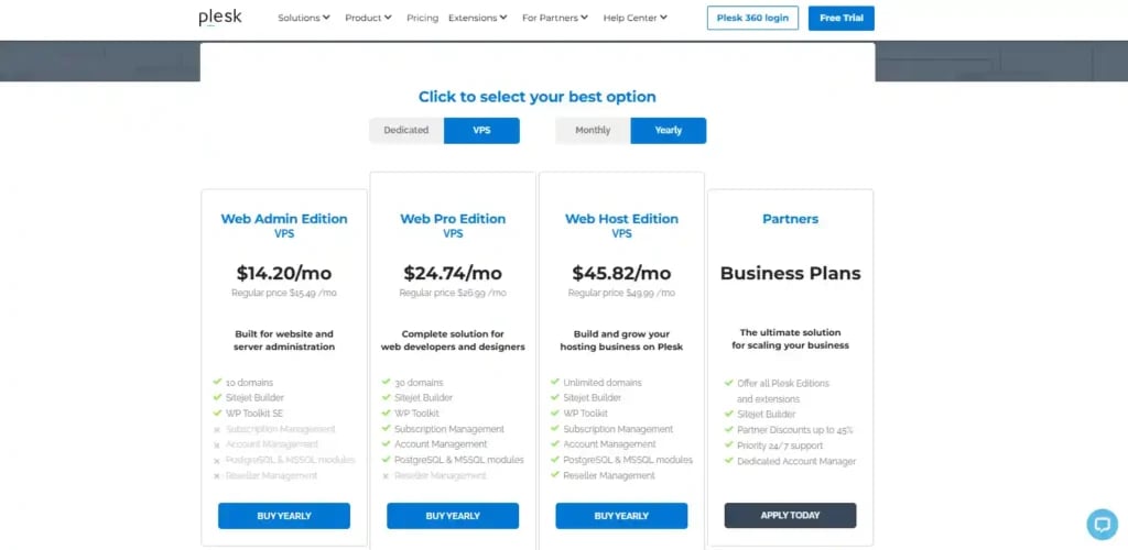 ¿Qué es Plesk? Todo lo que necesitas saber | Reseña - Imagen 2 Tabla comparativa de precios de Plesk mostrando planes Web Admin, Web Pro y Web Host con características y costos mensuales.