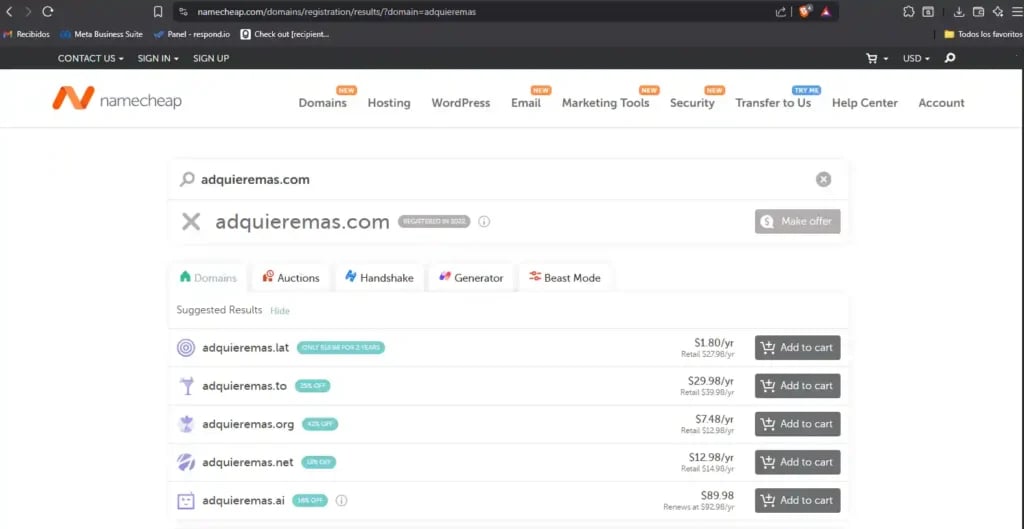 ¿Qué hace NameCheap? Servicios, Beneficios y Opiniones en 2025 - Imagen 1 Captura de la interfaz de Namecheap mostrando el campo de búsqueda de dominios, sugerencias de extensiones disponibles (.com, .net, .io) y precios