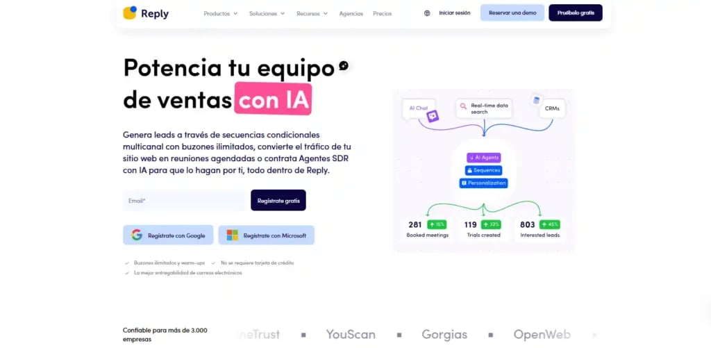 Revisión de Reply.io 2025: ventajas, desventajas, calificaciones y precios - Imagen 3 Captura de la página de inicio de Reply.io mostrando herramientas de ventas impulsadas por inteligencia artificial.