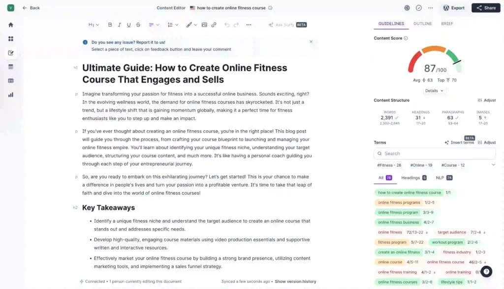 Surfer SEO: La Herramienta Definitiva para la Optimización en 2025 - Imagen 1 Captura de pantalla del Editor de Contenido de Surfer mostrando un score SEO de 87/100, con métricas de palabras clave, densidad de términos y recomendaciones de estructura