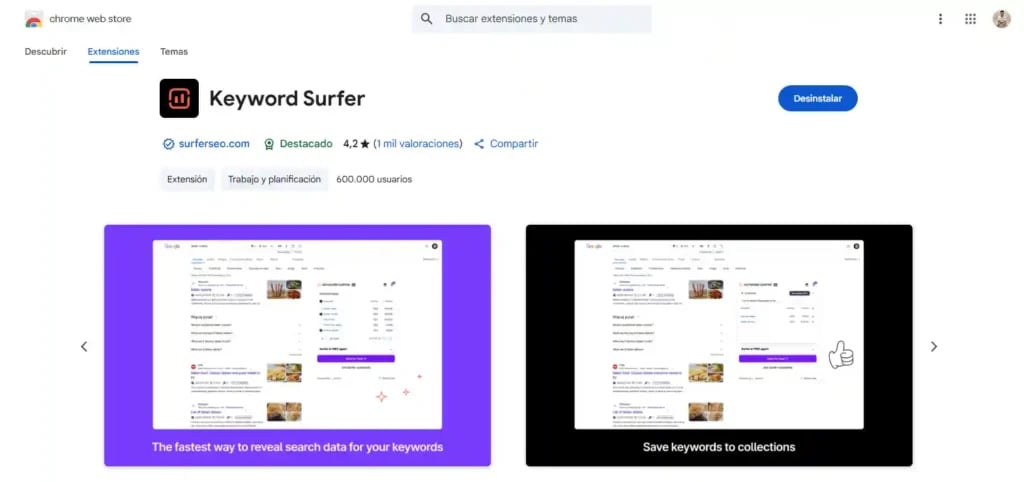 Surfer SEO: La Herramienta Definitiva para la Optimización en 2025 - Imagen 3 Captura de pantalla de Google Chrome con la extensión Keyword Surfer mostrando volúmenes de búsqueda, CPC y sugerencias de palabras clave en la barra lateral derecha.