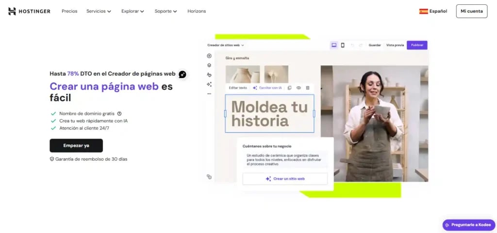 Hostinger Funciona en Perú: Pros y Contras para 2025 - Imagen 3 Captura del creador de páginas de Hostinger con IA, mostrando campos para ingresar el tipo de negocio, generación automática de texto y diseño web personalizado.