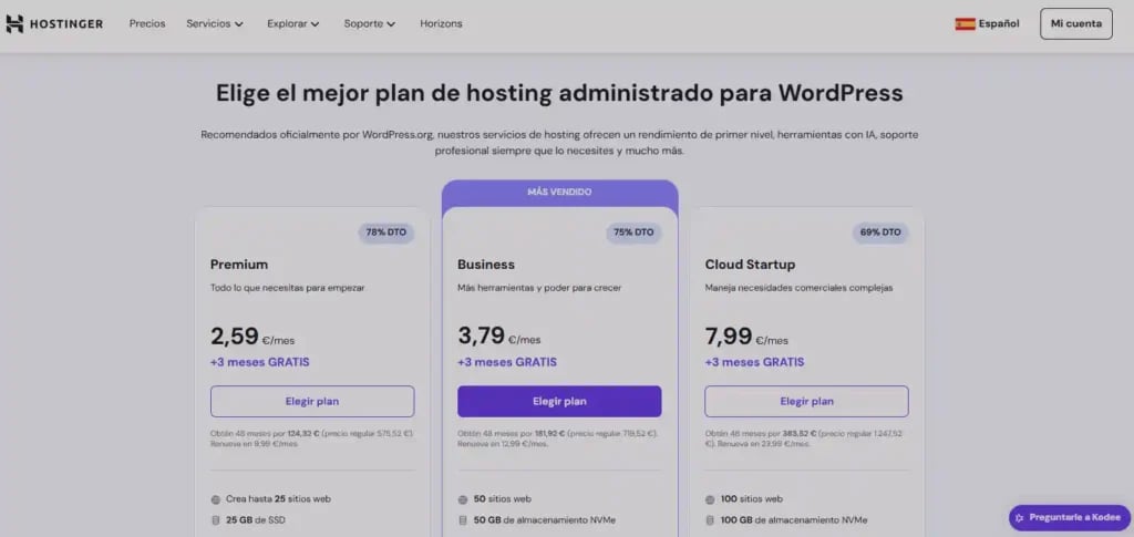 Hostinger Funciona en Perú: Pros y Contras para 2025 - Imagen 2 Tabla de precios de Hostinger mostrando los planes de hosting WordPress: Básico, Premium y Business, con características y costos anuales.