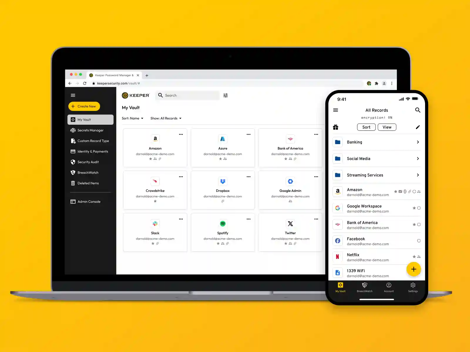 Keeper Security: Vista del Vault en Escritorio y Móvil Fondo amarillo con un portátil mostrando el panel “My Vault” de Keeper Security y un móvil al frente mostrando “All Records” con categorías como Banking, Social Media, Streaming Services y registros de Amazon, Google Workspace, Bank of America y Netflix.